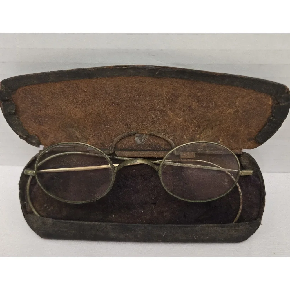 Antique 1890s WILLSON Wire Rim Oval Spectacles Eveglasses w/ Velvet Lined Case